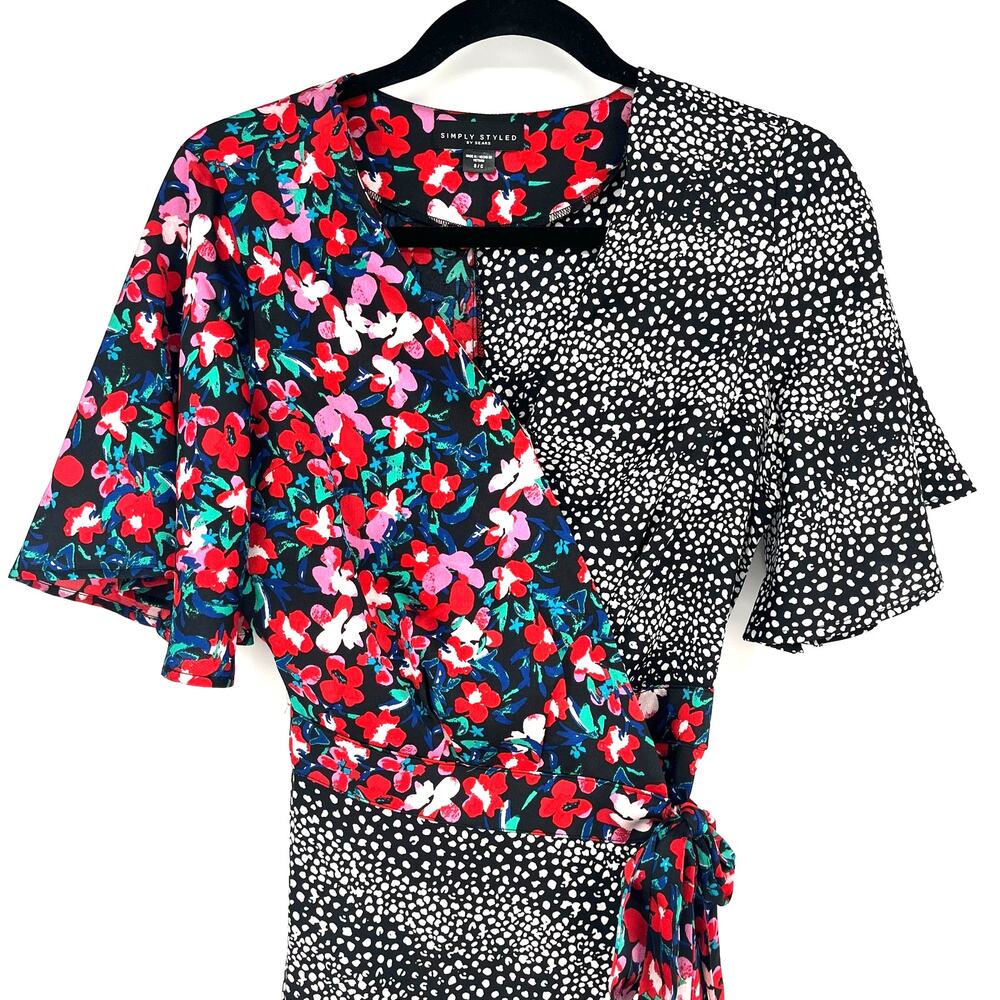 Vintage Simply Styled Wrap Dress Womens Small Mixed Print Floral Polka Dot Midi - Picture 12 of 12